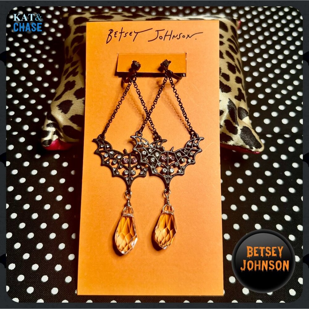 Betsey Johnson Bat Drop Earrings Crystal Dangling Lever Back Black Halloween - Picture 5 of 8